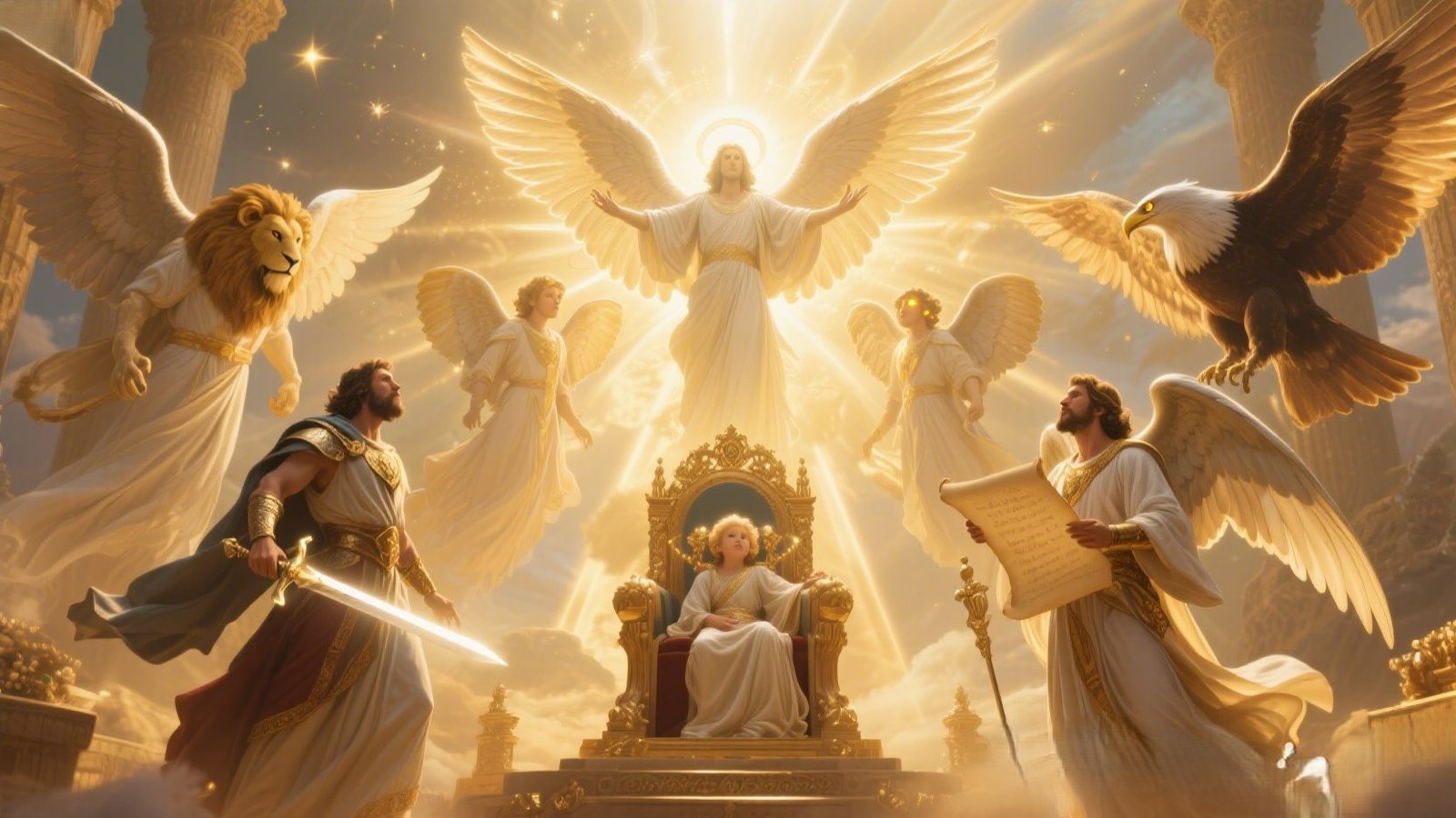 Biblically accurate angels including Michael, Gabriel, Raphael, cherubim, and seraphim, radiating divine light in a majestic heavenly scene