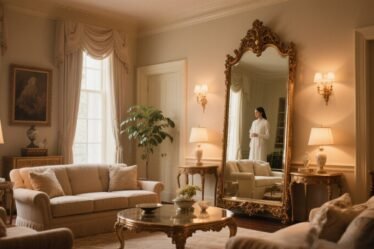 Elegant living room with a full-length mirror reflecting soft ambient light, symbolizing reflection, encouragement, and spiritual growth