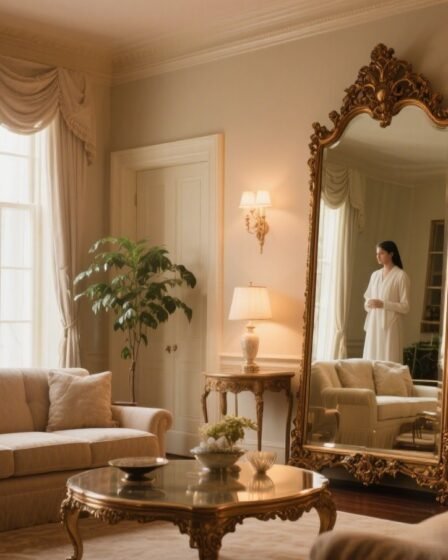 Elegant living room with a full-length mirror reflecting soft ambient light, symbolizing reflection, encouragement, and spiritual growth