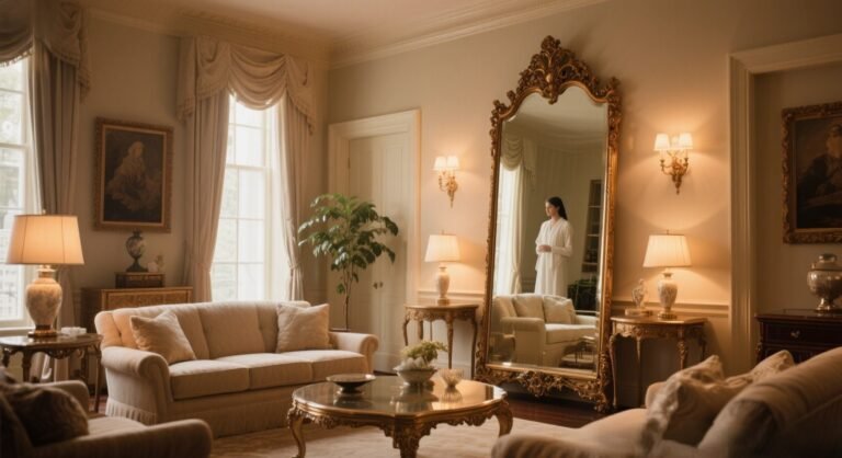 Elegant living room with a full-length mirror reflecting soft ambient light, symbolizing reflection, encouragement, and spiritual growth