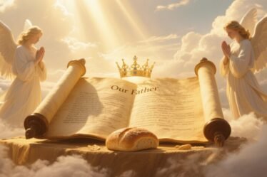 Glowing Our Father Prayer scroll with angelic figures and divine light