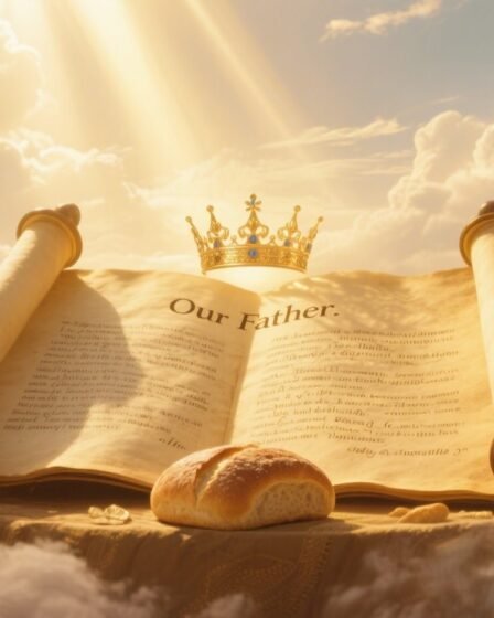 Glowing Our Father Prayer scroll with angelic figures and divine light