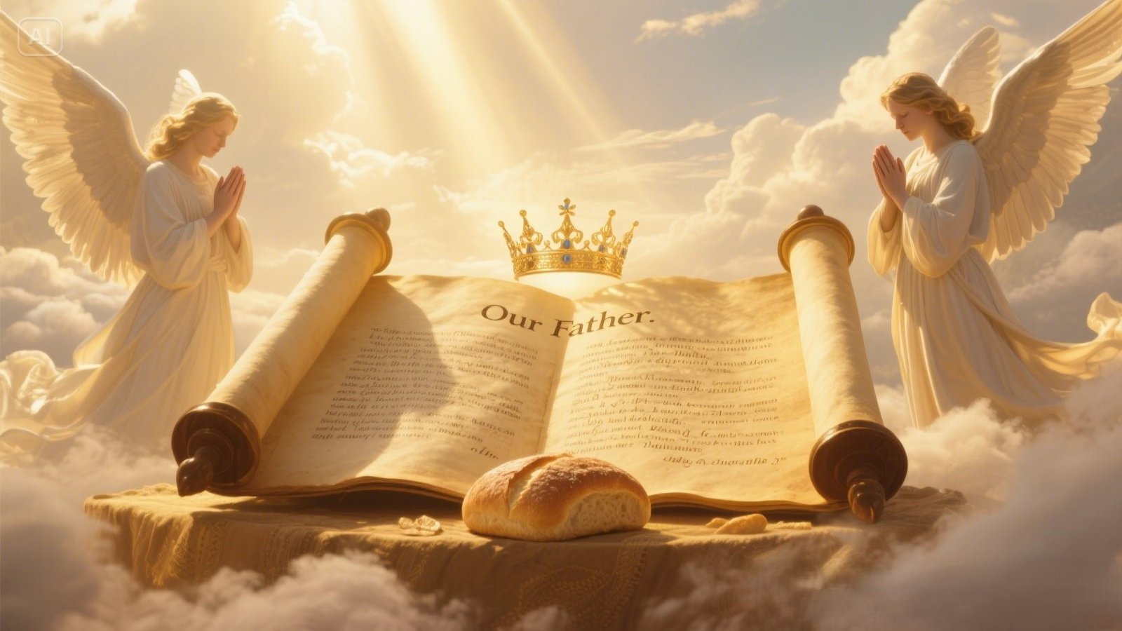 Glowing Our Father Prayer scroll with angelic figures and divine light