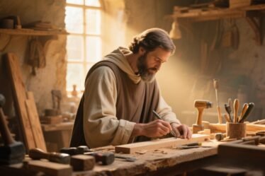St. Joseph working in a carpenter’s workshop with warm sunlight, symbolizing faith, diligence, and divine guidance