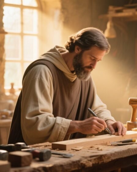 St. Joseph working in a carpenter’s workshop with warm sunlight, symbolizing faith, diligence, and divine guidance