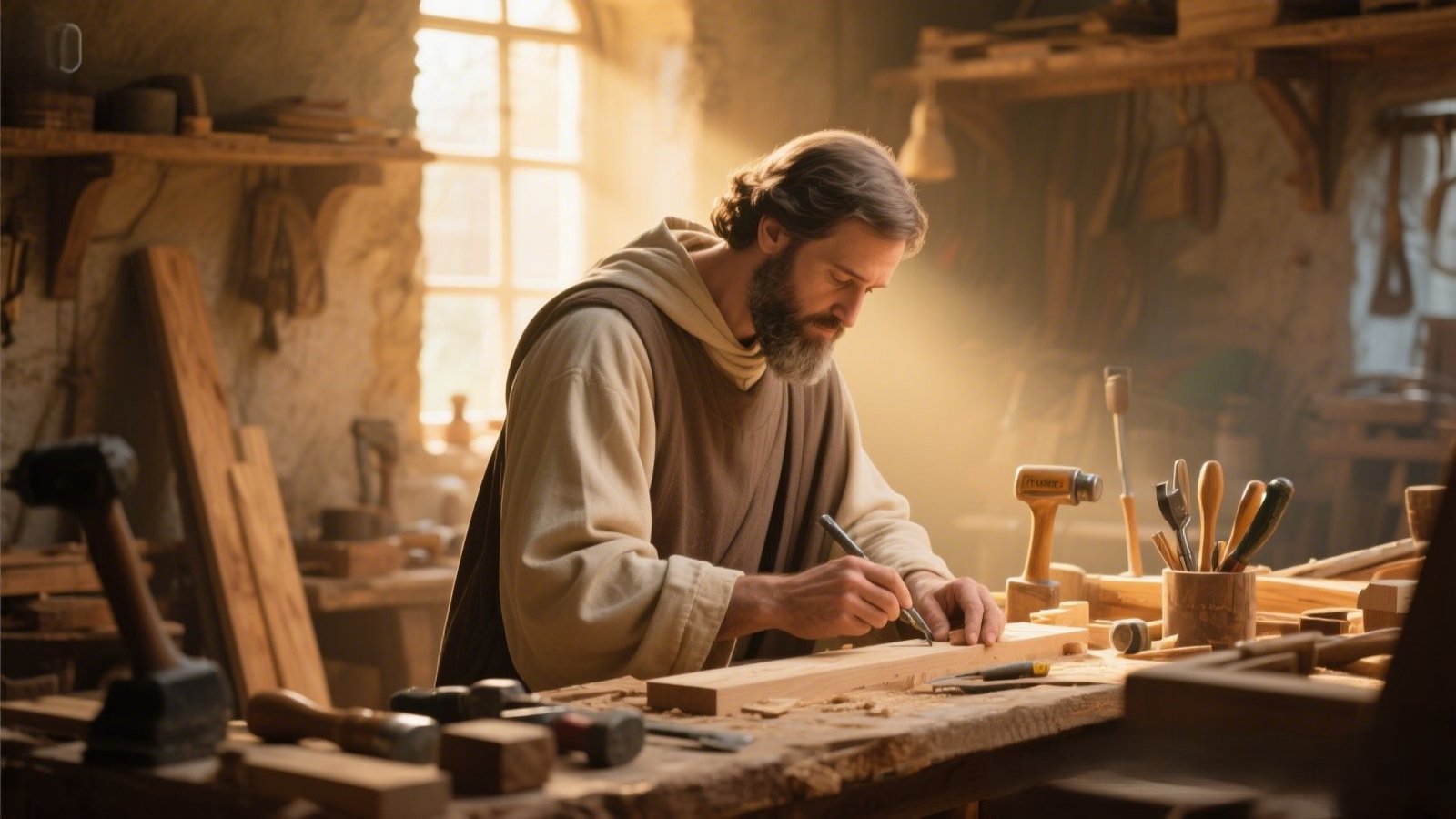 St. Joseph working in a carpenter’s workshop with warm sunlight, symbolizing faith, diligence, and divine guidance