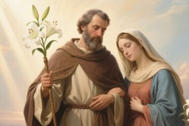 St. Joseph in traditional robes holding a flowering lily staff, symbolizing purity, faith, and divine protection