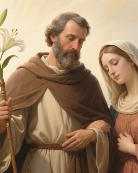 St. Joseph in traditional robes holding a flowering lily staff, symbolizing purity, faith, and divine protection