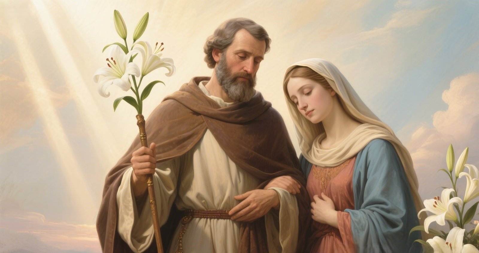 St. Joseph in traditional robes holding a flowering lily staff, symbolizing purity, faith, and divine protection