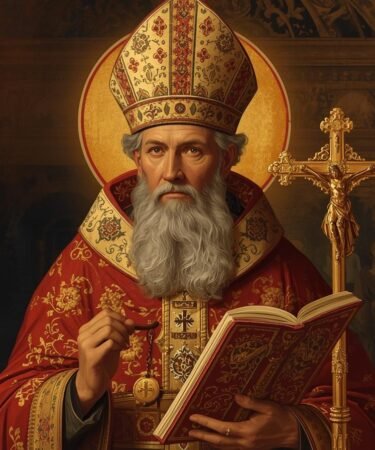 St. Cyprian of Carthage in traditional Catholic bishop vestments holding a manuscript and cross