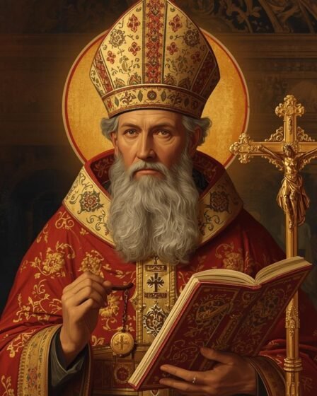 St. Cyprian of Carthage in traditional Catholic bishop vestments holding a manuscript and cross