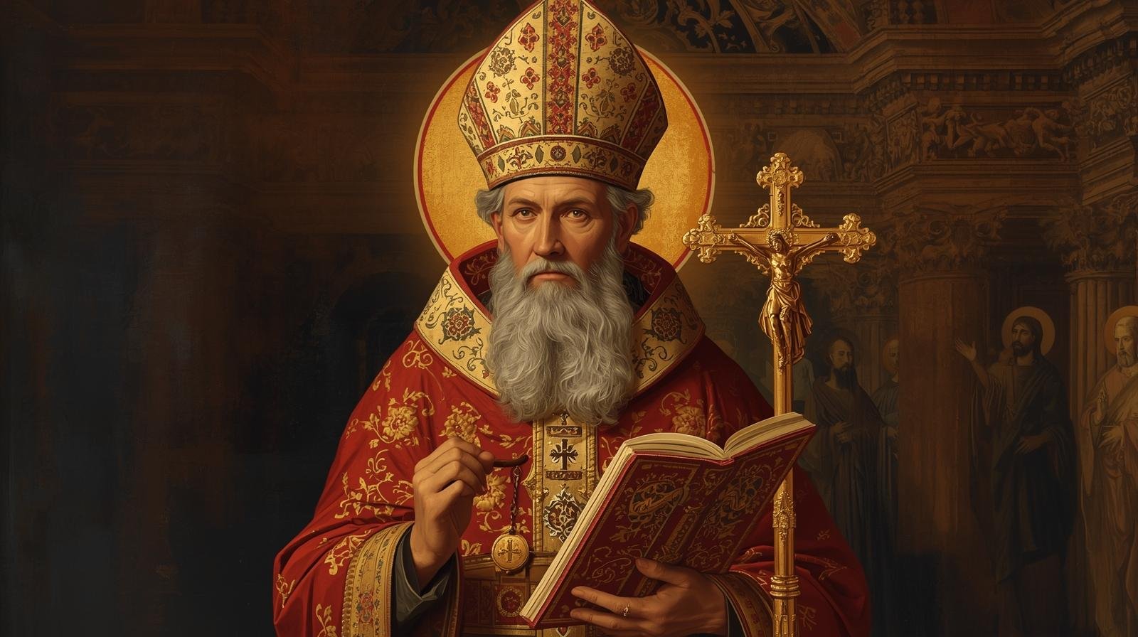 St. Cyprian of Carthage in traditional Catholic bishop vestments holding a manuscript and cross