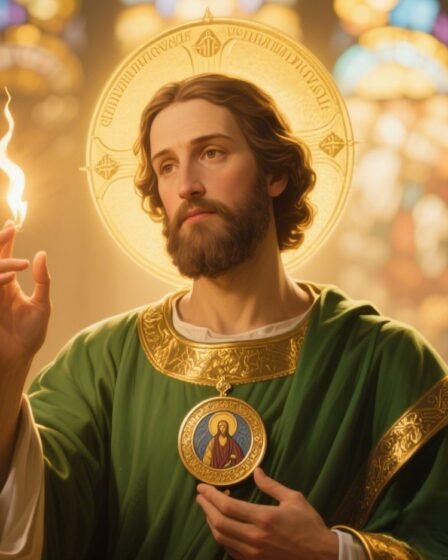 Sacred image of St. Jude the Apostle wearing green robes, holding the image of Christ, with a flame symbolizing the Holy Spirit.