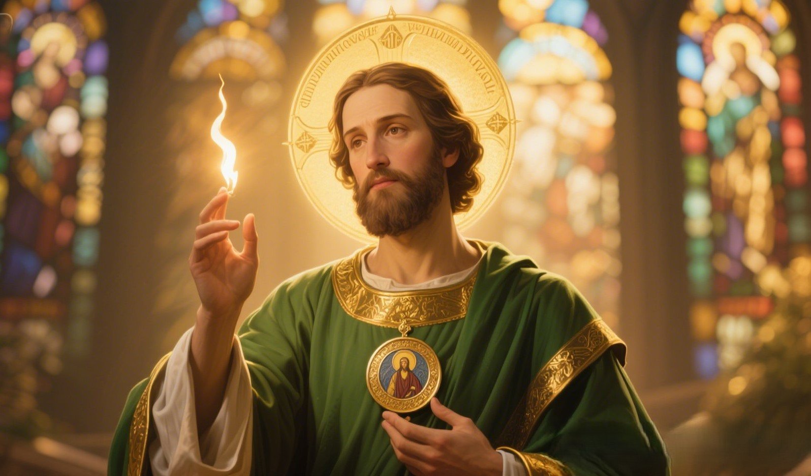 Sacred image of St. Jude the Apostle wearing green robes, holding the image of Christ, with a flame symbolizing the Holy Spirit.