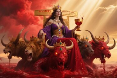 Woman in purple and scarlet robes with gold, jewels, and pearls, holding a golden cup, sitting on a scarlet beast with seven heads, as described in Revelation 17.