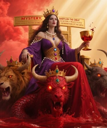 Woman in purple and scarlet robes with gold, jewels, and pearls, holding a golden cup, sitting on a scarlet beast with seven heads, as described in Revelation 17.