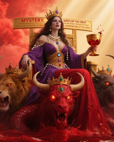 Woman in purple and scarlet robes with gold, jewels, and pearls, holding a golden cup, sitting on a scarlet beast with seven heads, as described in Revelation 17.