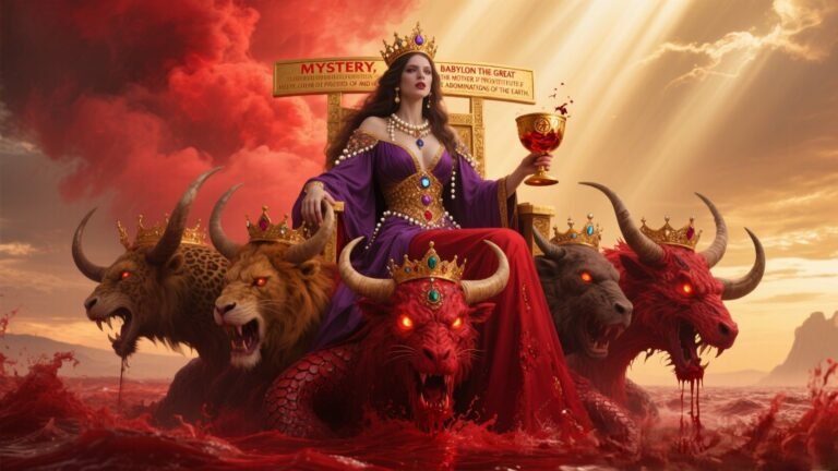 Woman in purple and scarlet robes with gold, jewels, and pearls, holding a golden cup, sitting on a scarlet beast with seven heads, as described in Revelation 17.