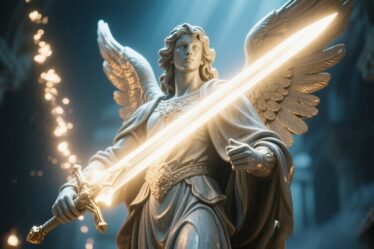 St. Michael the Archangel standing as a heavenly protector with shield and sword, symbolizing divine protection and strength.