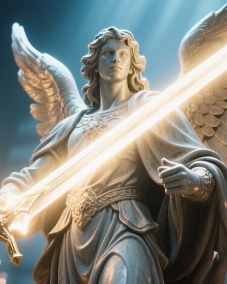 St. Michael the Archangel standing as a heavenly protector with shield and sword, symbolizing divine protection and strength.