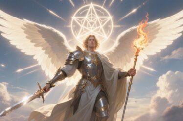 Archangel Michael in radiant armor with glowing wings holding a sword and lance, with a mystical glowing sigil