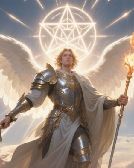 Archangel Michael in radiant armor with glowing wings holding a sword and lance, with a mystical glowing sigil