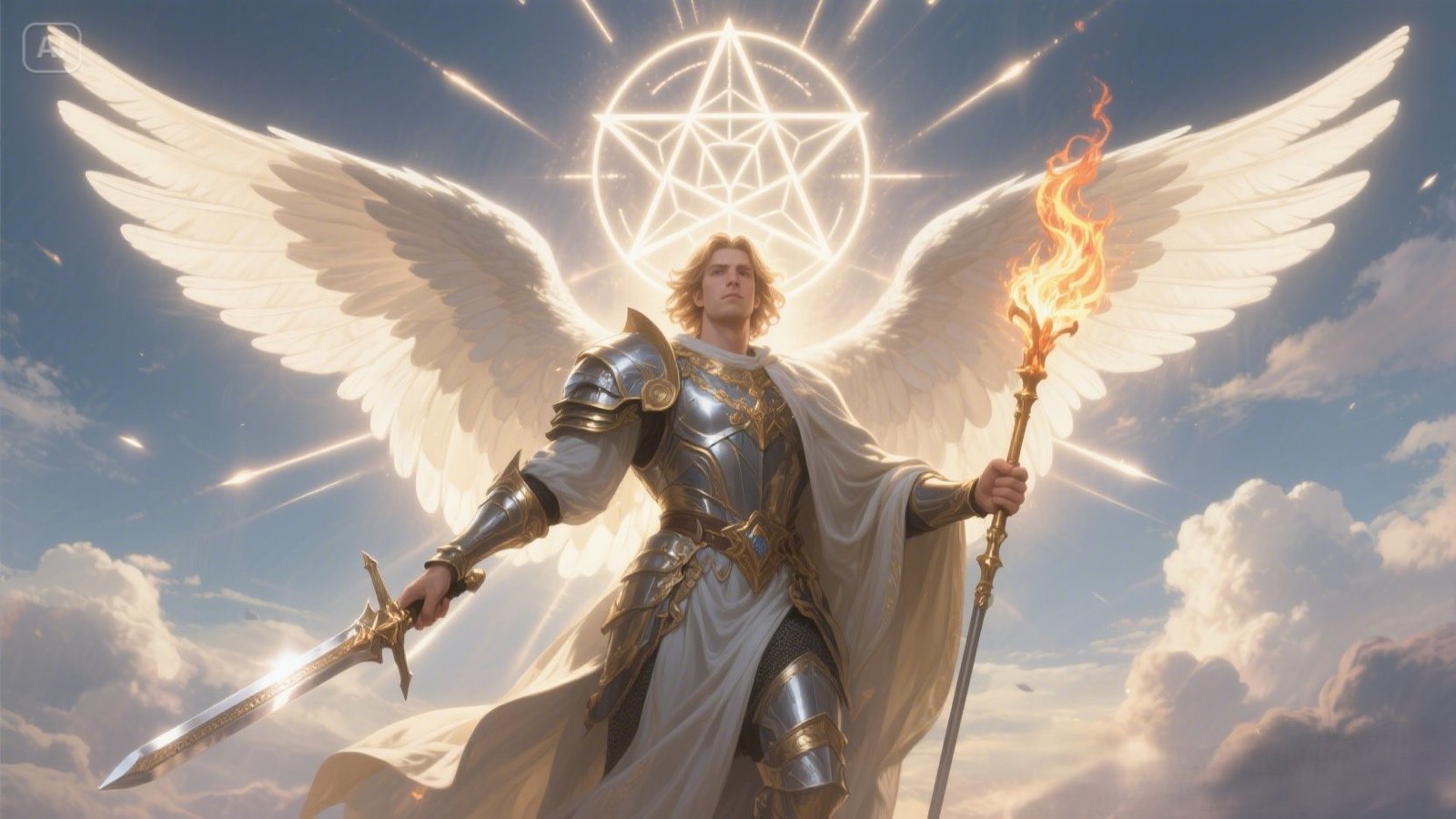 Archangel Michael in radiant armor with glowing wings holding a sword and lance, with a mystical glowing sigil