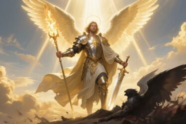 St. Michael the Archangel standing victorious over a fallen dark angel with glowing armor and wings