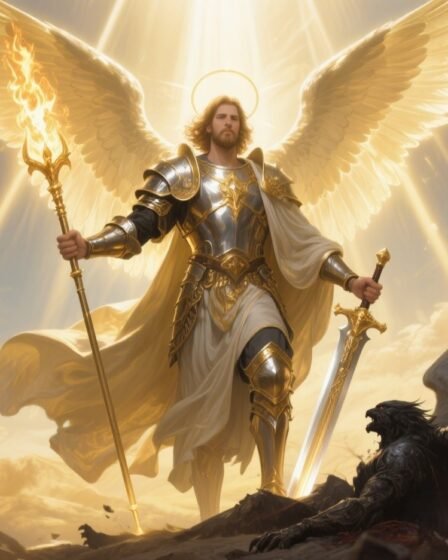 St. Michael the Archangel standing victorious over a fallen dark angel with glowing armor and wings