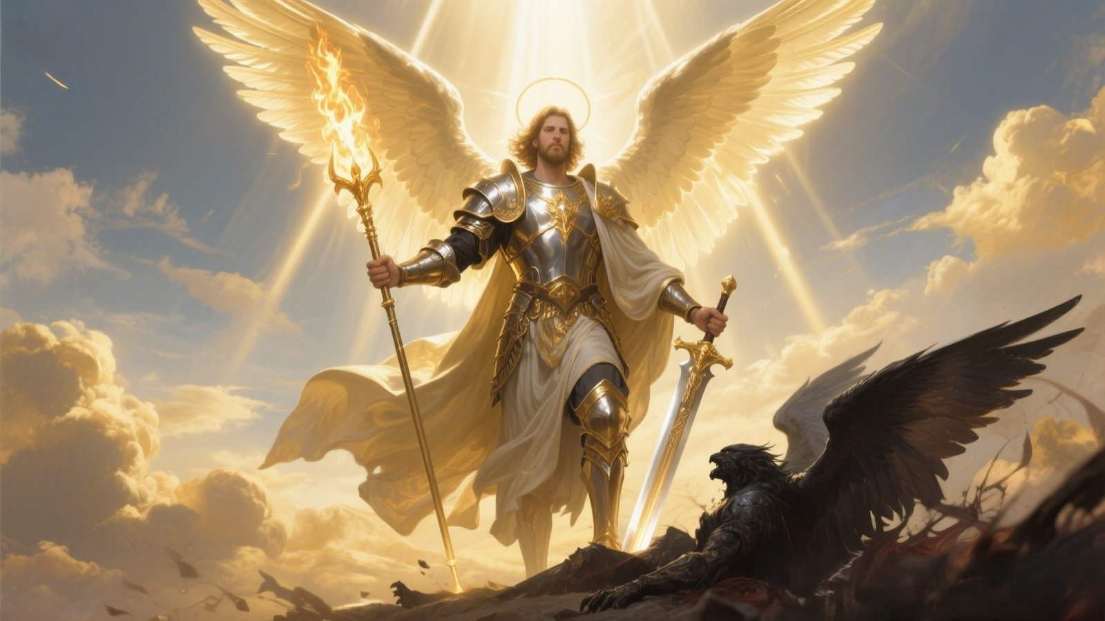 St. Michael the Archangel standing victorious over a fallen dark angel with glowing armor and wings