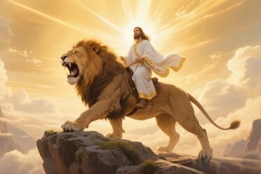Jesus riding the Lion of Judah in a majestic and powerful scene, symbolizing victory, authority, and divine protection.