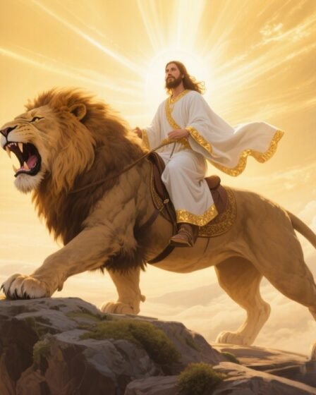 Jesus riding the Lion of Judah in a majestic and powerful scene, symbolizing victory, authority, and divine protection.
