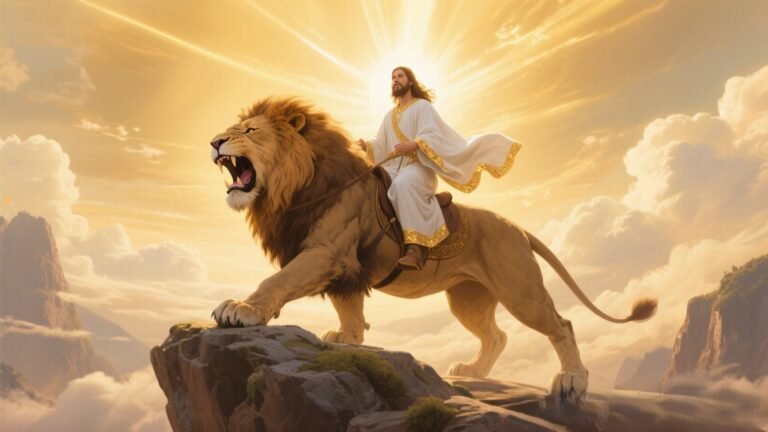 Jesus riding the Lion of Judah in a majestic and powerful scene, symbolizing victory, authority, and divine protection.