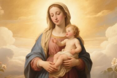 Mother Mary holding the Child Jesus in soft golden light.