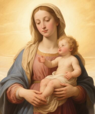 Mother Mary holding the Child Jesus in soft golden light.