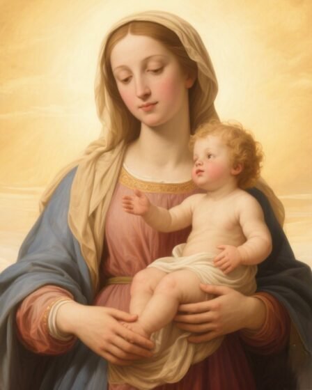 Mother Mary holding the Child Jesus in soft golden light.