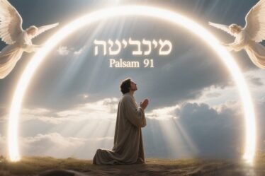 Person kneeling in prayer under divine light with angelic guardians, inspired by Psalm 91