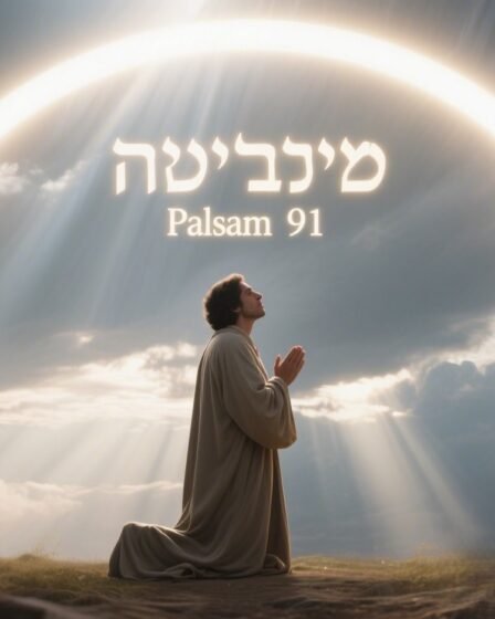 Person kneeling in prayer under divine light with angelic guardians, inspired by Psalm 91