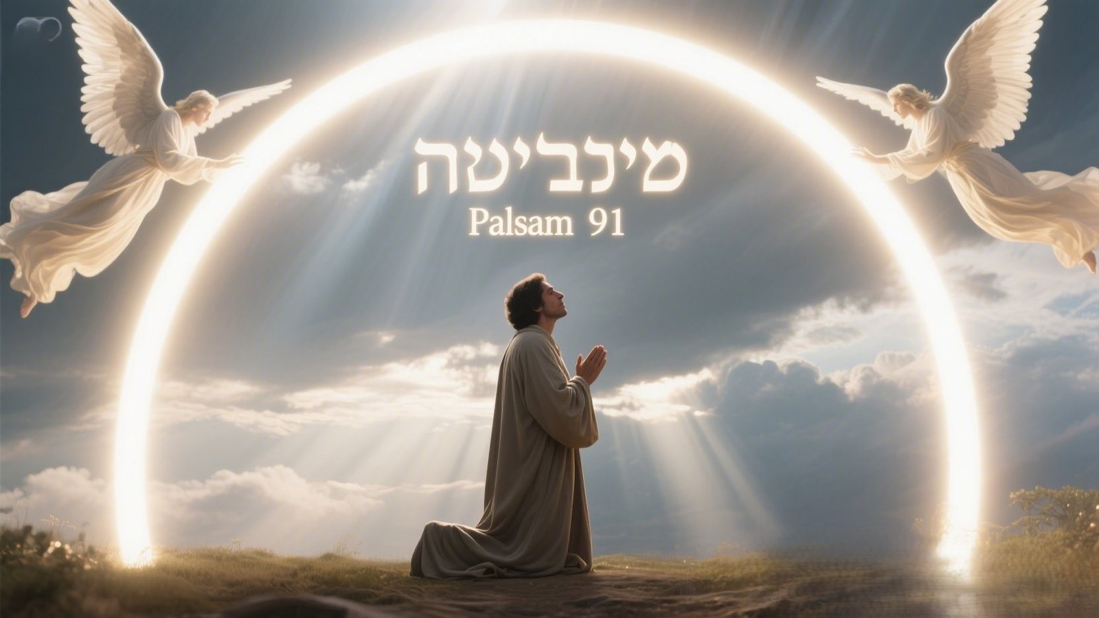 Person kneeling in prayer under divine light with angelic guardians, inspired by Psalm 91