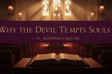 Catholic church interior with warm candlelight, open Bible, and stained-glass windows, text overlay: "Why the Devil Tempts Souls – St. Alphonsus Liguori" in gold on deep purple background
