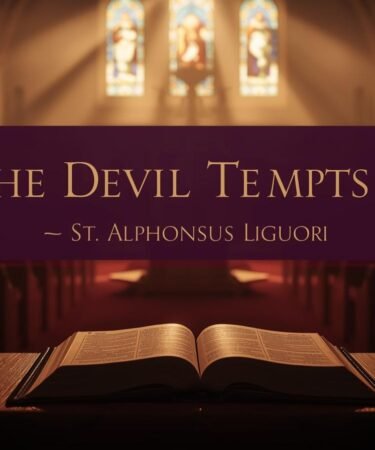 Catholic church interior with warm candlelight, open Bible, and stained-glass windows, text overlay: "Why the Devil Tempts Souls – St. Alphonsus Liguori" in gold on deep purple background