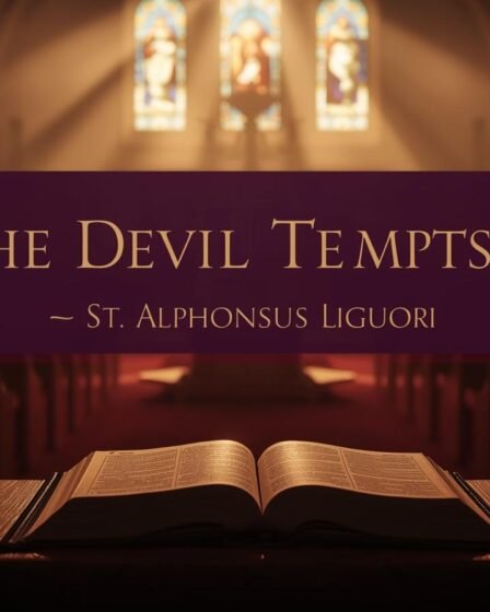 Catholic church interior with warm candlelight, open Bible, and stained-glass windows, text overlay: "Why the Devil Tempts Souls – St. Alphonsus Liguori" in gold on deep purple background
