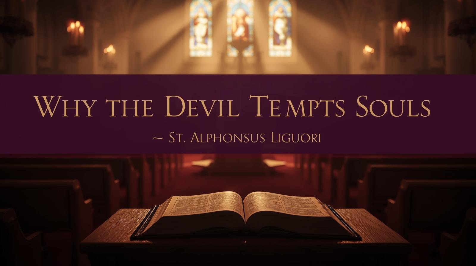 Catholic church interior with warm candlelight, open Bible, and stained-glass windows, text overlay: "Why the Devil Tempts Souls – St. Alphonsus Liguori" in gold on deep purple background