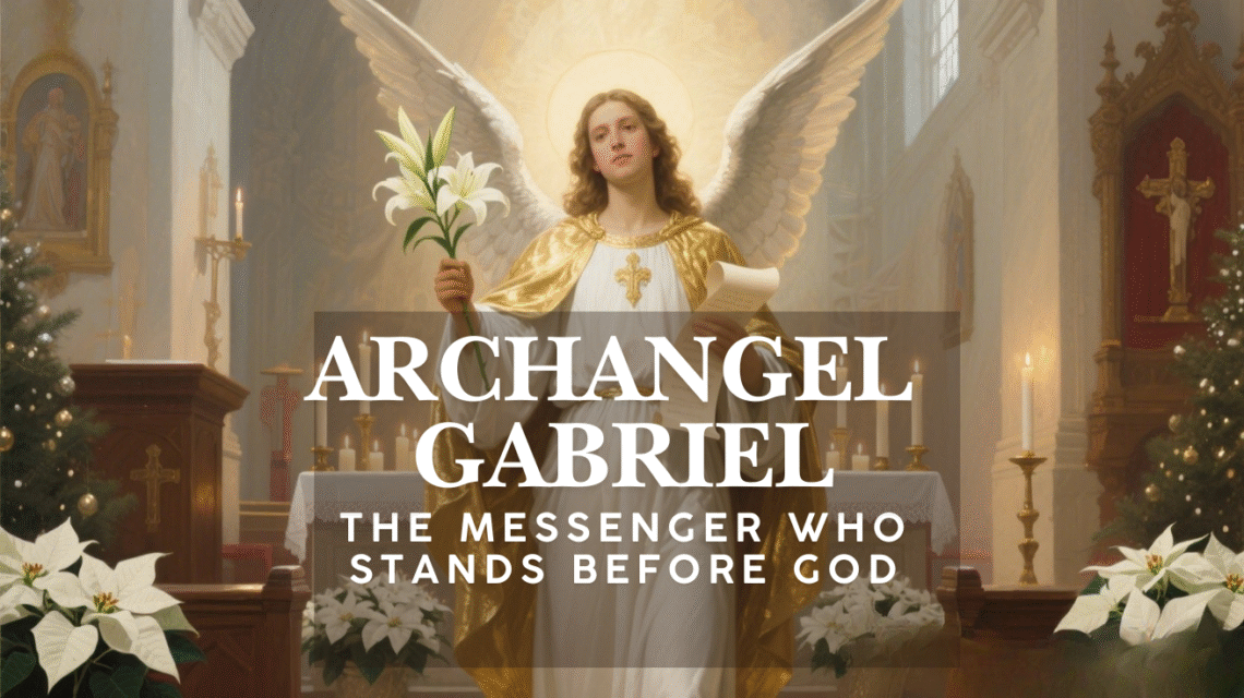 Archangel Gabriel depicted inside a Catholic church holding a scroll and lily, symbol of God’s message, clarity, and divine calling