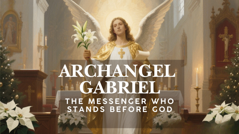 Archangel Gabriel depicted inside a Catholic church holding a scroll and lily, symbol of God’s message, clarity, and divine calling