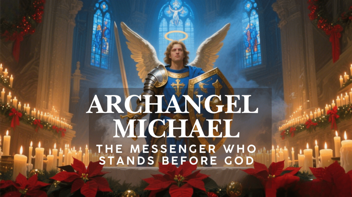 Archangel Michael depicted inside a Catholic church with sword and shield, symbolizing protection, spiritual defense, and God’s authority