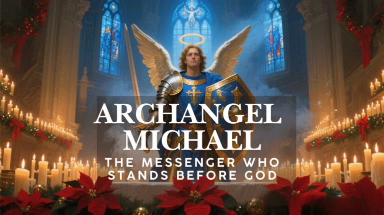 Archangel Michael depicted inside a Catholic church with sword and shield, symbolizing protection, spiritual defense, and God’s authority