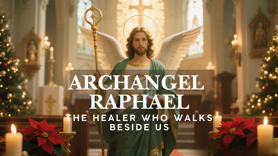 Archangel Raphael depicted inside a Catholic church holding a staff and fish, symbolizing healing, guidance, and God’s restoring presence