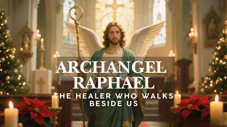 Archangel Raphael depicted inside a Catholic church holding a staff and fish, symbolizing healing, guidance, and God’s restoring presence