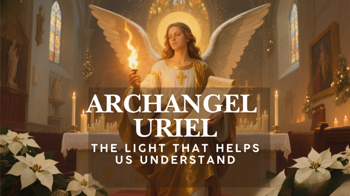 Archangel Uriel depicted inside a Catholic church holding a flame and scroll, symbolizing divine light, wisdom, and understanding